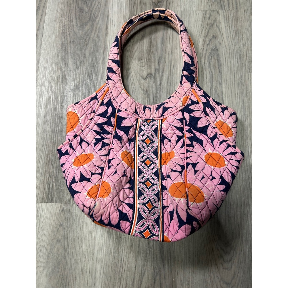 Vera Bradley Womens Quilted Cotton Daisy Floral Hobo Tote Bag Medium Pink Orange